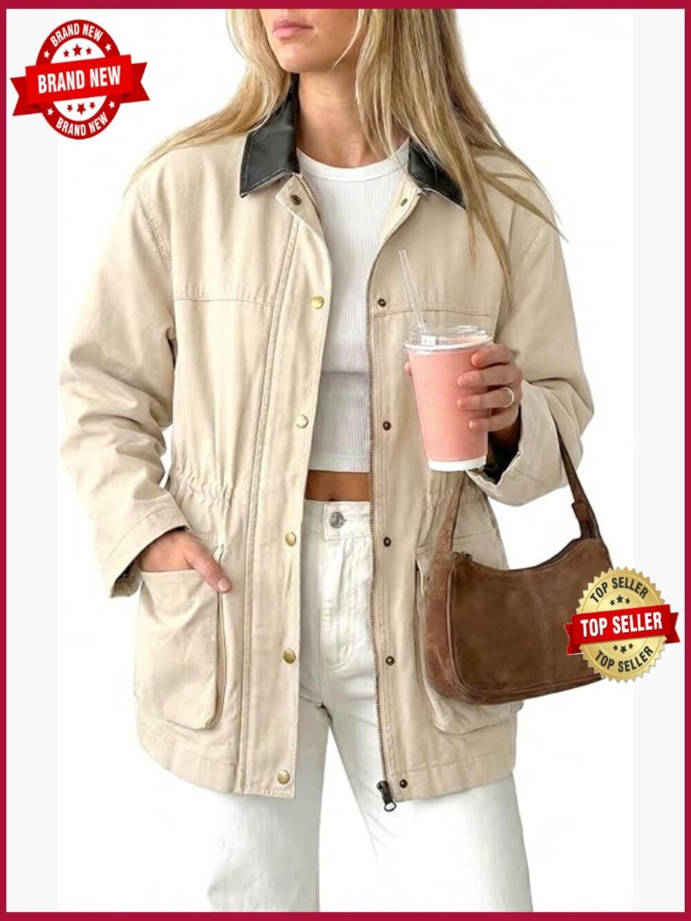 Contrast Collar Utility Jacket Zip Up Drawstring Waist Barn Coat